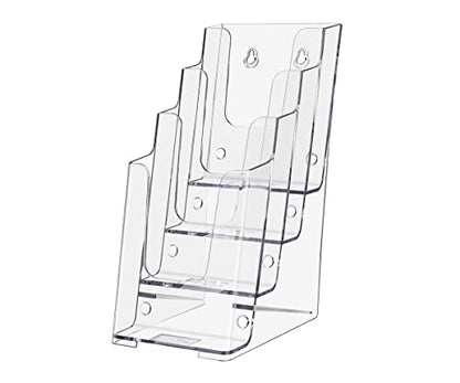 Marketing Holders 4”W Brochure Holder Displays Organizer Handout Take One Advertisements Tri-fold Brochures Acrylic Four Pocket Counter Top or Wall Mount Design Tiered Pamphlet Maps Menu