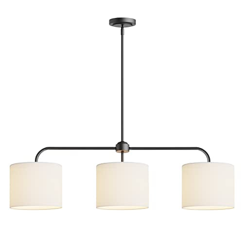 Electro bp;40" W 3-Light White Linen Drum Shade Chandelier with Black Metal Linear Pendant Light Fixture for Kitchen Island,Dining Table,E26,180W; - color: Black 3-Light Linear
