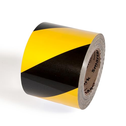 SmartSign Yellow/Black Striped Floor Marking Tape, 4" x 100' Roll, Durable Polyester, Laminated Protection - Non-Abrasive, Adhesive Safety Tape for Warehouses, High Traffic/Forklift Areas, Removable - color: Yellow/Black Striped, size: 4"