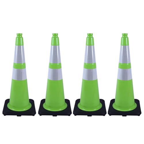 4 Pack 28 Inch Green PVC Traffic Cones Black Base Stable Flexible, Road Safety Construction Zone Crowd Control Safety Cones Outdoor Use (4, Green, 28 Inch) - color: Green, size: 28 Inch