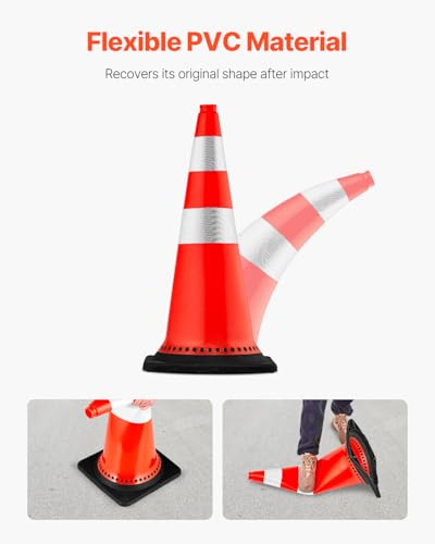 VEVOR Safety Cones, 8 Pack 30" Traffic Cones, PVC Orange Construction Cones with Reflective Collars and Black Weighted Base, for Traffic Control, Driveway Road Parking and School Improvement - size: 30''