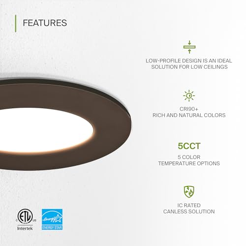 ASD 6 Pack 3 Inch LED Recessed Light 6W, 5 CCT 2700K-5000K CRI90+, IC Rated Ultra Thin Dimmable Ceiling Lights with J Box, Canless Wafer Downlight, Round Slim Panel Lighting, Energy Star ETL, Bronze - color: Bronze, size: 3 Inch 6 Pack