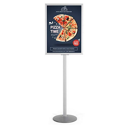 M&T Displays Sign Holder Stand, Silver 22x28 Inch Poster Frame Double Sided Slide-In Aluminum Easy Loading Floor Standing Pedestal Advertisement Post Commercial Menu Holder Round Heavyweight Base