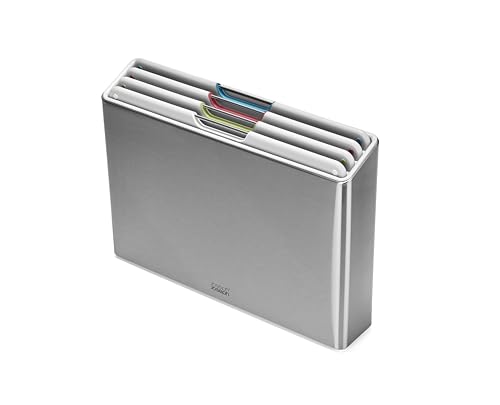 Joseph Joseph Folio 4-Piece Color-Coded Chopping Board Set, Stainless Steel Slimline Case for Organized Kitchen Storage, Light Stone - color: Stone, size: 14"L x 2.9"W