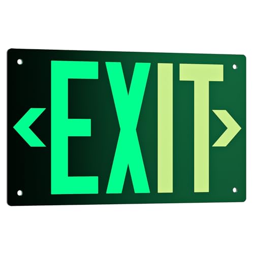 Photoluminescent Exit Sign Aluminum - Adhesive Backing Glow In The Dark - Removable Arrows Included - Pre-drilled Holes - 12x7 Inches - Non Electrical Green Exit Light For 50 Feet Visibility (1 Pack) - color: Green 1 PCS With Pre-drilled Holes