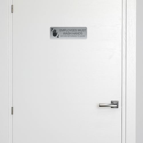 SBLABELS Employees Must Wash Hands Indoor Easy Adhesive Mount Door and Wall Sign for Restaurants and Small Businesses 3" x 9" - Silver - color: Silver, style: Employees Must Wash Hands