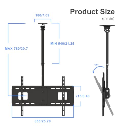 Suptek Ceiling TV Wall Mount Fits 37-75 inch LCD LED Plasma Monitor Flat Panel Screen Display with VESA 600x400 (Max) Loaded up to 132lbs Height Adjustable MC5602 - size: Max 75" TV
