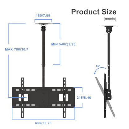 Suptek Ceiling TV Wall Mount Fits 37-75 inch LCD LED Plasma Monitor Flat Panel Screen Display with VESA 600x400 (Max) Loaded up to 132lbs Height Adjustable MC5602 - size: Max 75" TV