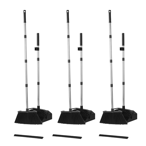 Tiumso 3-Pack Broom with Dustpan Combo Set, Commercial Broom and Dustpan Set, Dust Pan with Long Handle, 51'' Large Brooms with Self-Cleaning Dust Pan Teeth for Restaurant Lobby Garage - Black - color: Black