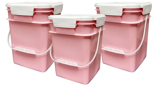 House Naturals 4 Gallon Square Food Grade Bucket Pail with Plastic Handles and Lid (Pack of 3) Made in USA containers (Pink - White lids) - color: Pink - White Lids