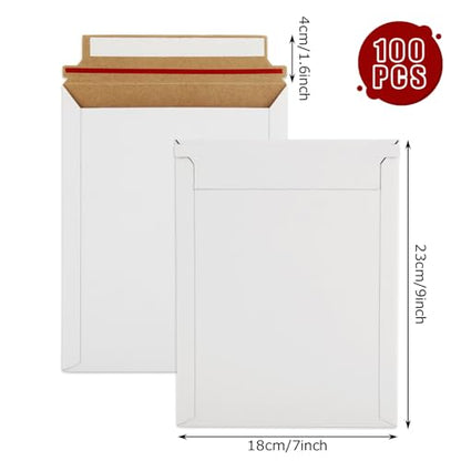 100 Pack 7x9 Inch Rigid Mailers, Self Seal Photo Document Mailer Cardboard Mailing Envelopes Stay Flat Mailers for CD, Photos, Document, Pictures, Papers, Files, White