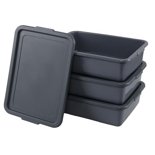 3-Pack 13 L Plastic Commercial Bus Box with Lid, Meat Tubs, Grey