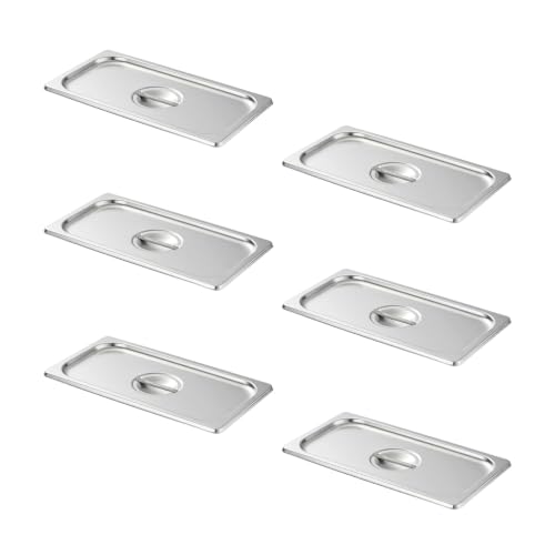 HECMAC 6-Pack 1/3 Size Hotel Pan Cover, Stainless Steel Solid Steam Table Catering Food Pan Lid with Handle, 23 Gauge - size: 1/3 Size, Plain Lid