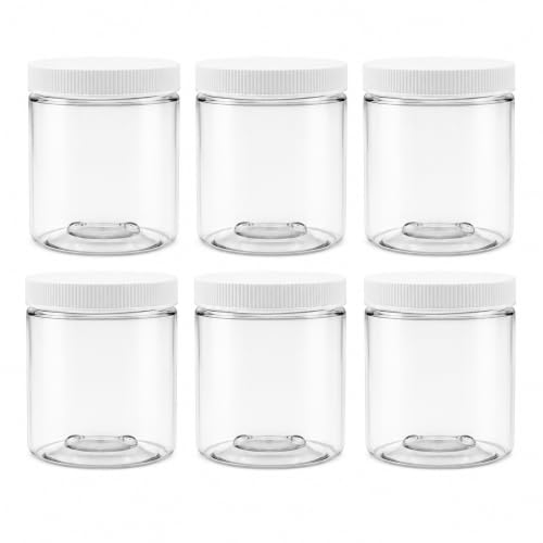 6 Pack - 8 oz (1 Cup) Plastic Storage Jars with 70-400 Leak Proof White Lid, Food Grade, BPA Free, Hand Wash Only (8oz, 6pk) - size: 8oz, 6PK White