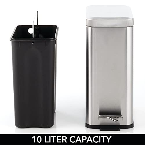 mDesign Pedal Bin — Waste Bin with Pedal, Lid and Plastic Bucket Insert for Bathroom, Kitchen, and Office — Metal Household Rubbish Bin with Ergonomic Design — Brushed Silver - color: Brushed, size: 2.6 Gallon