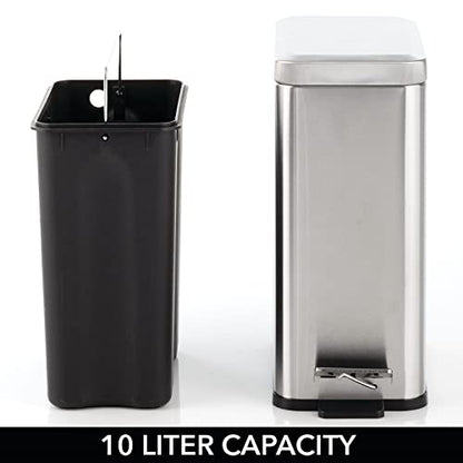 mDesign Pedal Bin — Waste Bin with Pedal, Lid and Plastic Bucket Insert for Bathroom, Kitchen, and Office — Metal Household Rubbish Bin with Ergonomic Design — Brushed Silver - color: Brushed, size: 2.6 Gallon