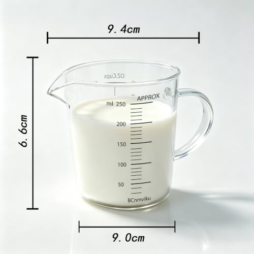 BCnmviku Glass Measuring Cup 250ml 1Cup High Borosilicate [Insulated Handle | V-Shaped Spout]For Prepping Baking and Cooking Preheated Oven Dishwasher Freezer and Microwave Safe - size: 250ml