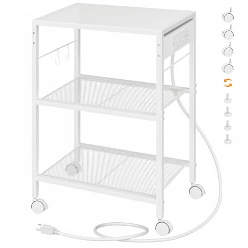 HOOBRO Industrial Printer Stand, 3-Tier Mobile Printer Table, Rolling Cart with Power Outlets and USB Ports, Home Printer Stand with 2 Hooks, for Office, Living Room, White WW22UPS01 - color: White, size: 16.5'' x 11'' x 25.2''