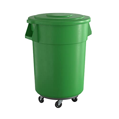 55 Gallon Green Round Commercial Trash Can with Lid and Dolly, Heavy-Duty Food Grade NSF Certified, Perfect for Restaurant, Office, School, Garage, Backyard, Workshop, Warehouse - color: Green, size: 55 Gallon, style: Trash Can with Lid and Dolly