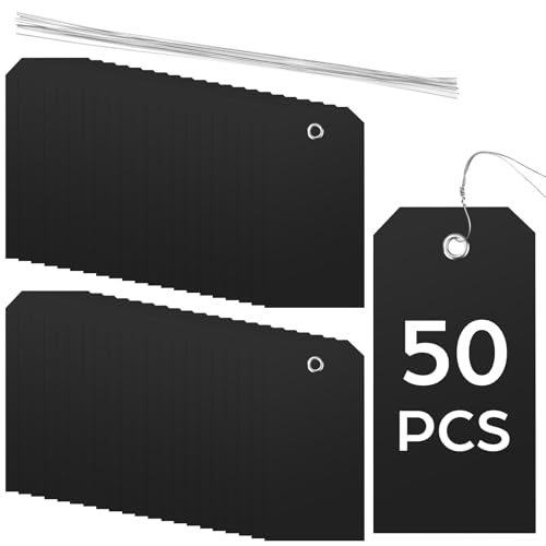 50 Pack Black Plastic Shipping Tags with Wire Ties, 4.72 x 2.36 inches Heavy Duty Industrial Hang Tags, Blank Identification Labels for Warehouse, Inventory & Outdoor Equipment (Black) - color: Black