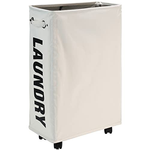 DOKEHOM 52L Slim Rolling Laundry Basket Hamper, Narrow on Wheels, Beige - color: Beige/M, size: 52L/Slim