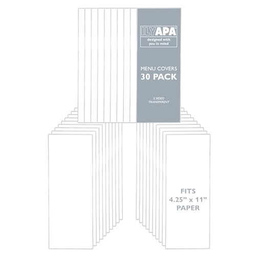 Ilyapa Restaurant Menu Covers 4.25 x 11 Inch - 30 Pack, Single Page, 2 View Clear Sleeves Holder for Restaurant, Durable PVC Hard Plastic Menu Holder - color: Clear, size: 4.25 x 11