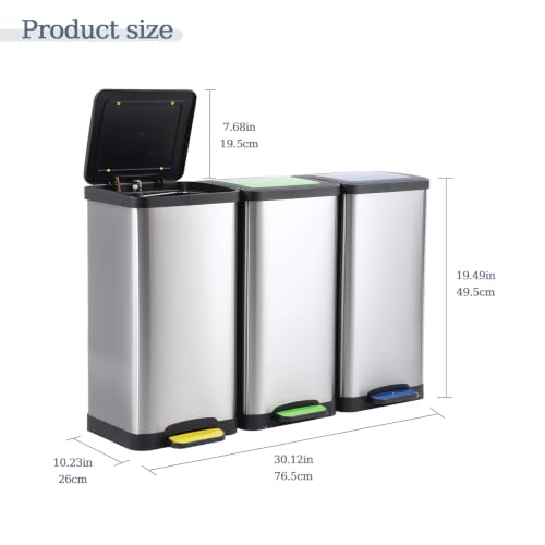 3 Compartment Pedal Recycling Bin Set, 45 L (3 × 15 L) Soft-Close Trash Can with Lids, Color Coded Step-On Stainless Steel Recycling Bins for Kitchen & Home