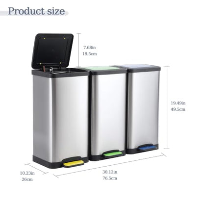 3 Compartment Pedal Recycling Bin Set, 45 L (3 × 15 L) Soft-Close Trash Can with Lids, Color Coded Step-On Stainless Steel Recycling Bins for Kitchen & Home