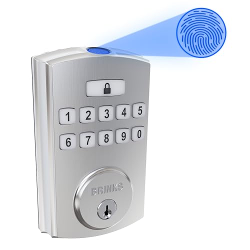 Brinks Fingerprint Door Lock, Keyless Entry Biometric Lock, Electronic Keypad Fingerprint Deadbolt with Auto-Locking, Front Door Lock and Interior Knob Set, Easy Installation, Satin Nickel - color: Satin Nickel, style: Deadbolt