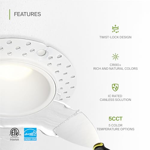 ASD 2 Inch Trimless LED Recessed Ceiling Light Fixture, Mud-in Canless Downlight with Junction Box, 5CCT Selectable 2700K-5000K, 8W 643 Lumens, CRI90+, Anti-Glare, Dimmable, IC & Wet Rated, ETL - color: White 1 Pack, size: 2" 8 Watt