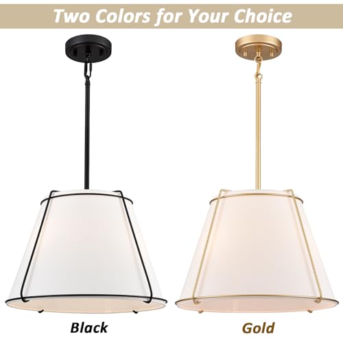3-Light Gold Cone 16" Pendant Light Fabric Drum Shade with Metal - color: Gold