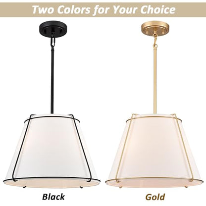 3-Light Gold Cone 16" Pendant Light Fabric Drum Shade with Metal - color: Gold