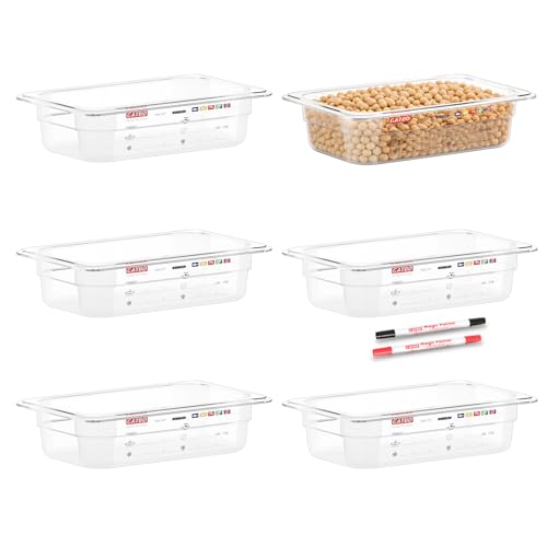 6-Pack 1/4 Size 2.5" Deep Polycarbonate Food Pans, NSF Commercial Clear Food Pan, Hotel Pan for Cold Food, Prep, Portion Control & Home Kitchen Use, Food-Grade with Erasable Markers & Label Area - color: 1/4 Size, size: 2.5" Deep