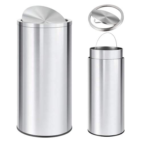 18.5 Gallon/70L Stainless Steel Trash Can with Swing Top Lid, Silver Bathroom Garbage Can with Heavy Duty Removable Inner Bucket, Round Indoor Recycle Waste Bin for Kitchen, Office, Living Room, Hotel