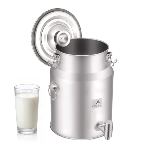 Stainless Steel Milk Can, 10L/2.64Gal Beverage Drink Dispenser Milk Transport Barrel Portable Drink Container Water Beverage Dispenser Pail with Spigot&Sealed Lid for Home Kitchen Cafes Restaurants