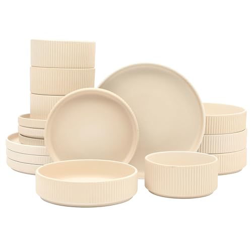 Gibson Elite Deerfield 16-Piece Stoneware Dinnerware Set – Cream White Reactive Glaze Plates and Bowls, Stackable Design, Service for 4 – Dishwasher & Microwave Safe - color: Cream White (Deerfield)