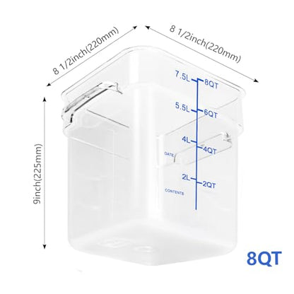 4 Pack Food Storage Containers with Blue Lids, 8.0 Qt - Square, Clear, Polycarbonate, for Restaurant Commercial Kitchen and Home party - color: 8.0 Qt-Blue Lids