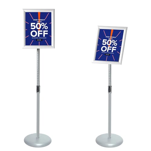 Adjustable Pedestal Poster Sign Stand with Heavy Duty Base Sign Holder Aluminum Snap Open Frame for 8.5 x 11 inches Both Vertical and Horizontal View Displayed Used for Living and Business(Silver）