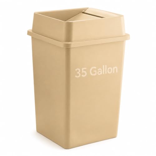 1 Pack Beige 35 Gallon Commercial Garbage Can with Lid, High-Capacity Square Resin Waste Container with Integrated Handles for Restaurant, Office, School and Warehouse - color: Beige, size: 35 Gallon