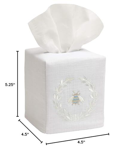 Jacaranda Living Square Tissue Box Cover, Linen/Cotton Fabric Tissue Holder, Decorative Cloth Tissue Cube Cover, Embroidered Bee Designs, Napoleon Bee Wreath (Cream) - color: Napoleon Bee Wreath (Cream)