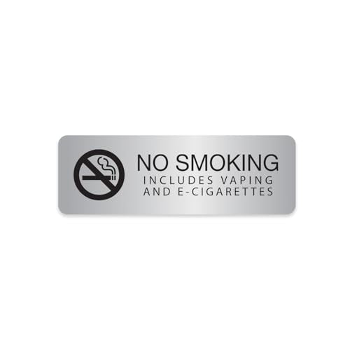 Silver No Smoking Includes Vaping And E-Cigarettes Sign / 3" x 9" Easy Adhesive Indoor Wall Sign/Hotel Restaurant Small Business Alternative Door Mount Notice/Made In The USA - color: Silver, style: No Smoking or Vaping