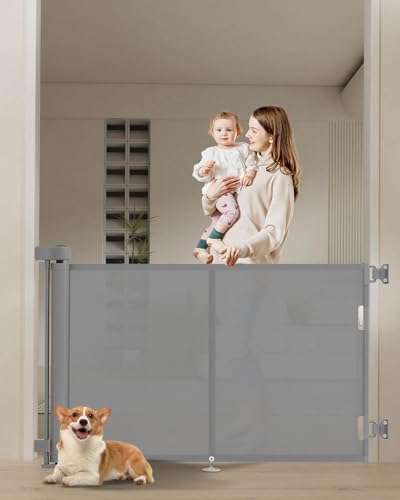 Miumoon 59 inch Reinforced Retractable Baby Gates 34 inch Tall - color: Gray, size: 34" Tall x 59" Wide