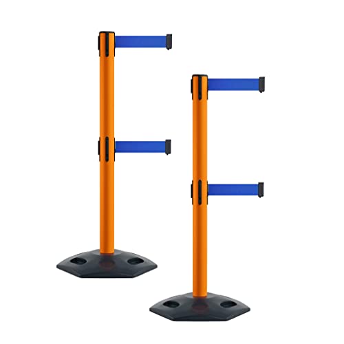 Montour Line MSR630D Set of 2 Retractable Belt Barrier Stanchion, Heavy-Duty Rubber Base, Orange Post (7.5 ft Blue Dual Belt) - color: Blue, size: 7.5 ft