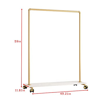 Gold Metal Clothing Rack with Wood Shelf, Heavy Duty Rolling Garment Rack with Wheels for Bedroom Retail Boutique Use (49.21L inches) - style: single-medium