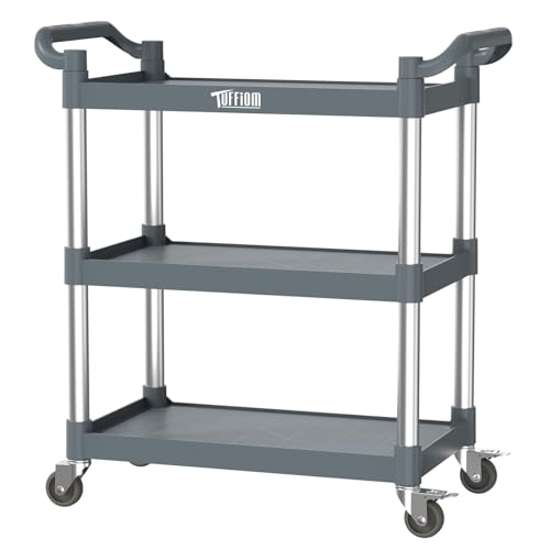 TUFFIOM 3-Tier Plastic Service Utility Cart with Wheels,Heavy Duty 390lbs Capacity,Commercial Rolling for Restaurant, Foodservice, Office, Warehouse, Gray 24.6''L x 15.8''W x 37.4''H - size: Gray 24.6''L x 15.8''W x 37.4''H