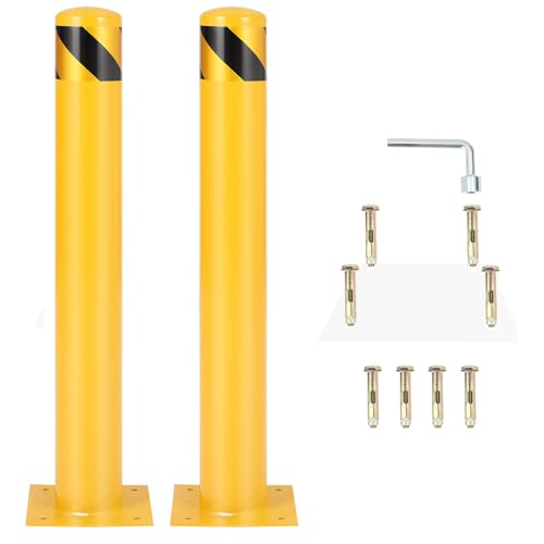 Safety Bollard, 48 in Height Bollard Post, 4.5 in Diameter, Yellow Steel Safety Bollard with 8 Anchor Bolts, Perfect for Traffic Control, Driveway Barrier, Parking Pole, 2 Packs - size: 48 inch