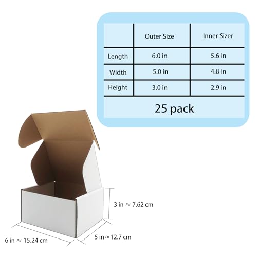 6x5x3 inch White Shipping Boxes 25 Pack,Small Gift Boxes,Bulk of Mailers - size: 6''x5''x3''