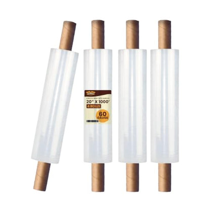 The Boxery 20" x 1000' -4 Rolls (4000ft Total) Cast Stretch Wrap with Handles – 60 Gauge Clear Film – Extended Core Hand Wrap for Smooth, Quiet, Heavy-Duty Wrapping