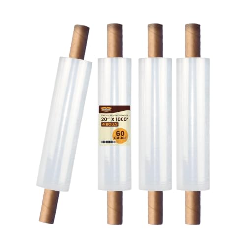 The Boxery 20" x 1000' -4 Rolls (4000ft Total) Cast Stretch Wrap with Handles – 60 Gauge Clear Film – Extended Core Hand Wrap for Smooth, Quiet, Heavy-Duty Wrapping