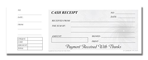Cherry Cash Receipt Book - Check Book Style with Convenient Stub for Reference (8.26 x 2.91 Inches) 50 pages